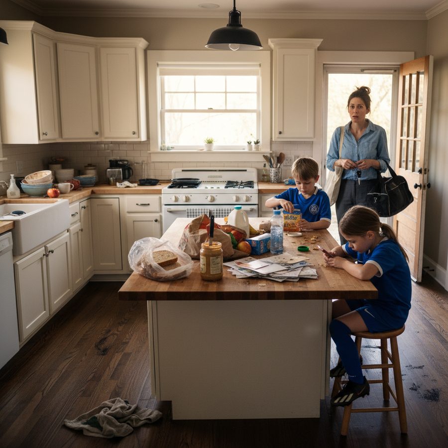 Exhausted mom arriving home to a messy kitchen after kids' soccer practice in Savannah