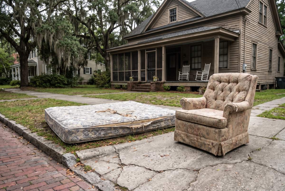 Old mattress and armchair set out in front of a Savannah home